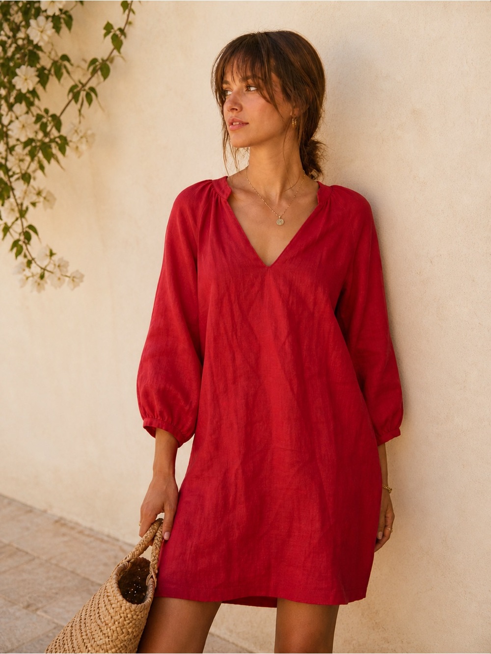 Linen Dress French Style Red Summer Shift Pockets V Neck Relaxed US 8